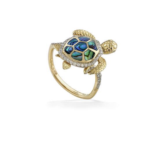 Honu-inspired ring with abalone shell inlay framed by shimmering diamonds along the band and around the shell. Item No. 45198