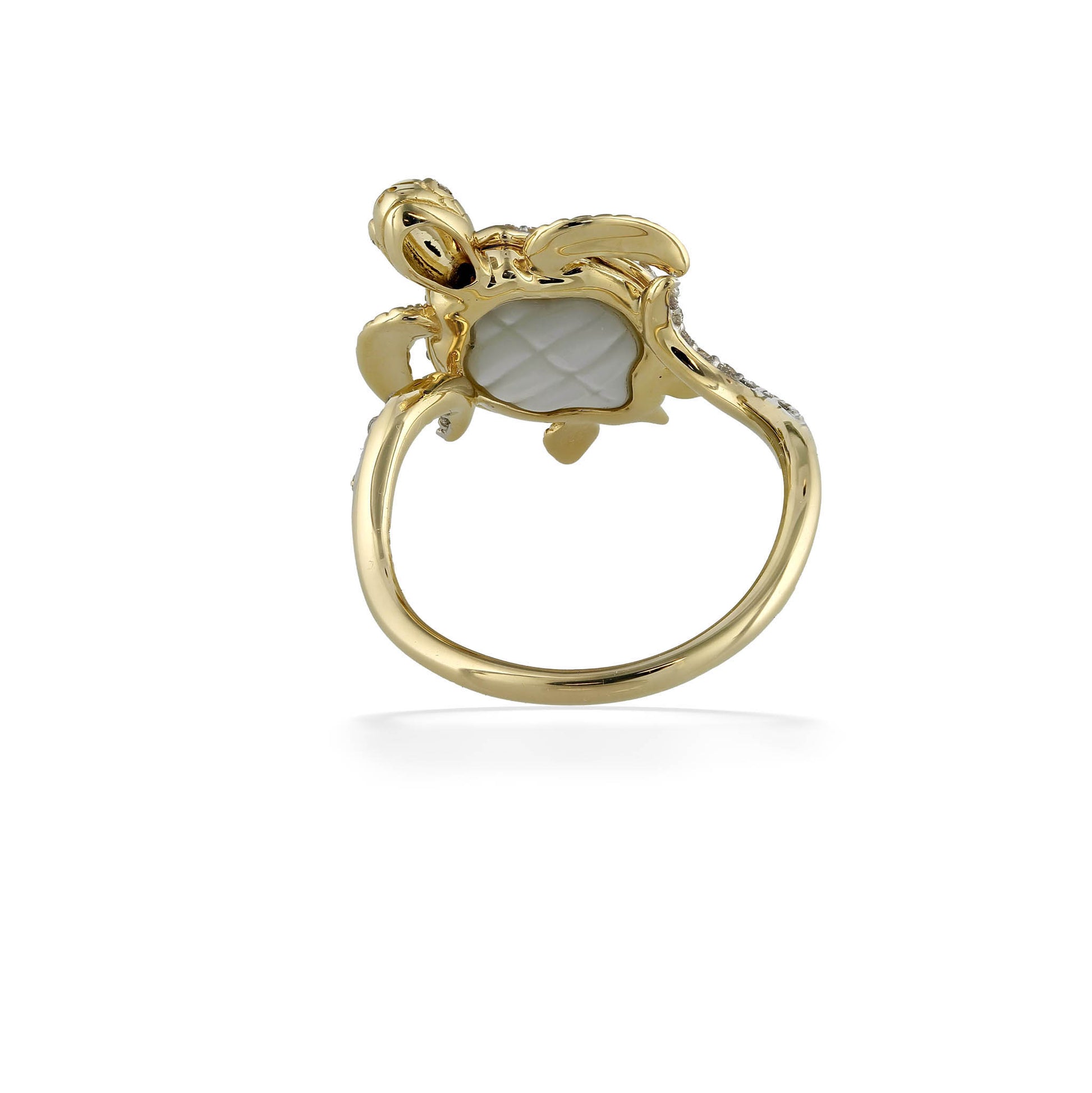 Back view of the honu ring showing the turtle’s mother-of-pearl underside on a polished 14k yellow gold band. Item No. 45198