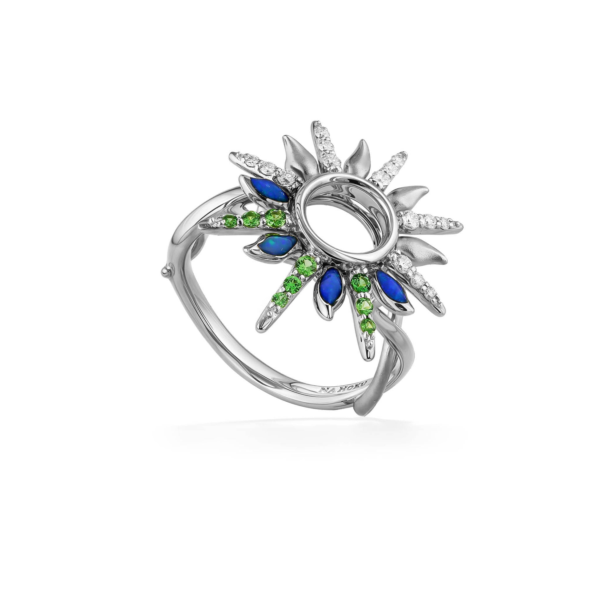 Sunburst ring in white gold featuring opal inlay, tsavorites & diamonds surrounding an open center, size 7. Item No. 45197
