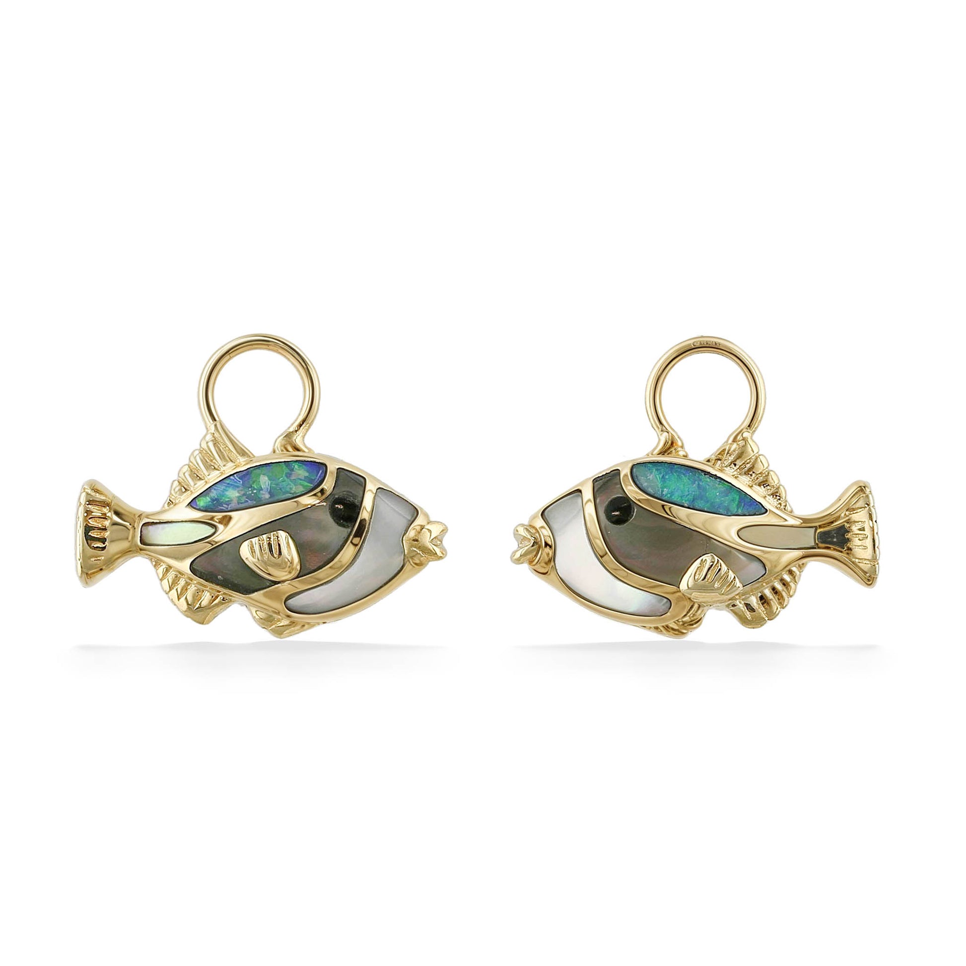 Humu fish earring charms featuring inlay of opal, onyx, and mother of pearl set in 14k yellow gold. Item No. 45206