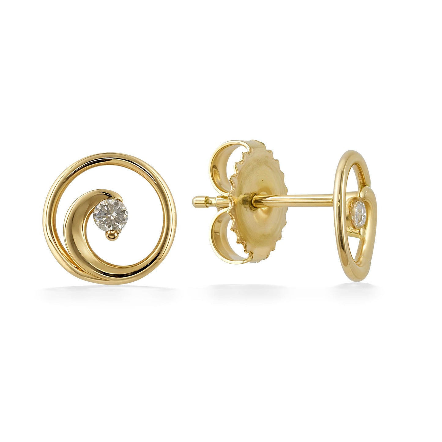 Yellow gold wave stud earrings, front and side facing to show the post and earnut used. Item No. 45211