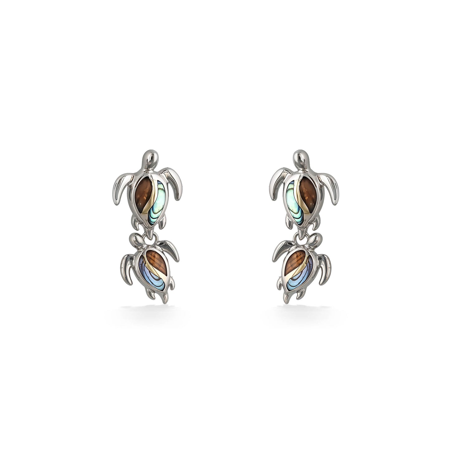 Front-facing double honu earrings in sterling silver & shimmering koa wood & abalone shell inlays. Item No. 45216