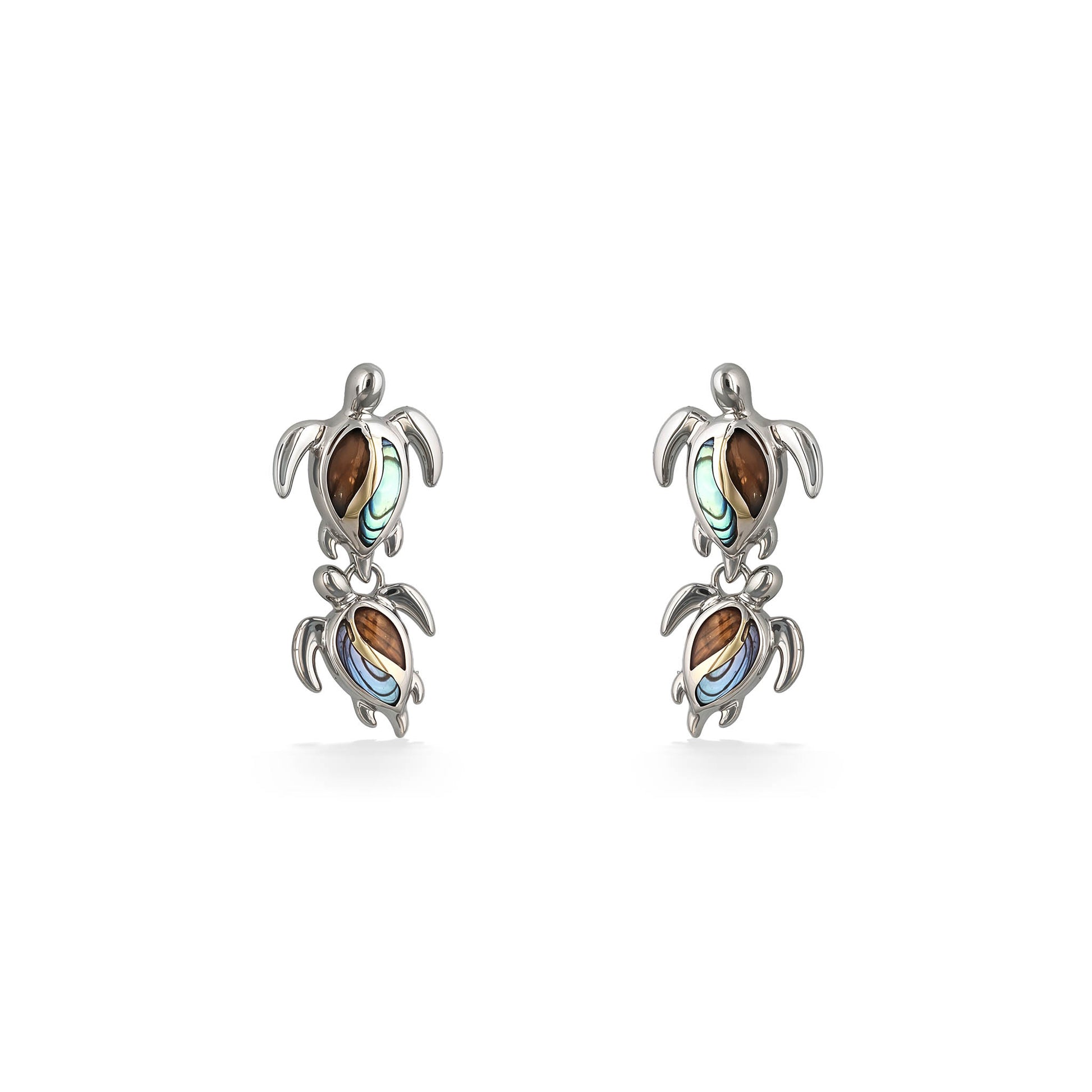 Front-facing double honu earrings in sterling silver & shimmering koa wood & abalone shell inlays. Item No. 45216
