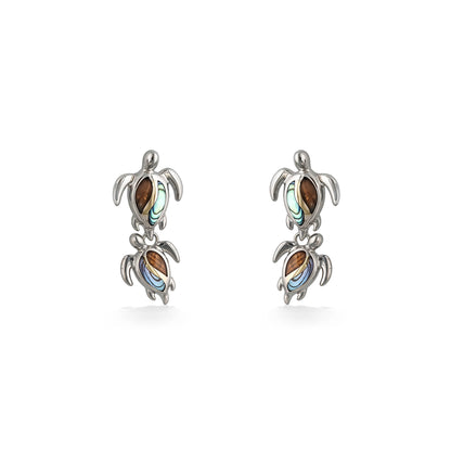 Front-facing double honu earrings in sterling silver & shimmering koa wood & abalone shell inlays. Item No. 45216