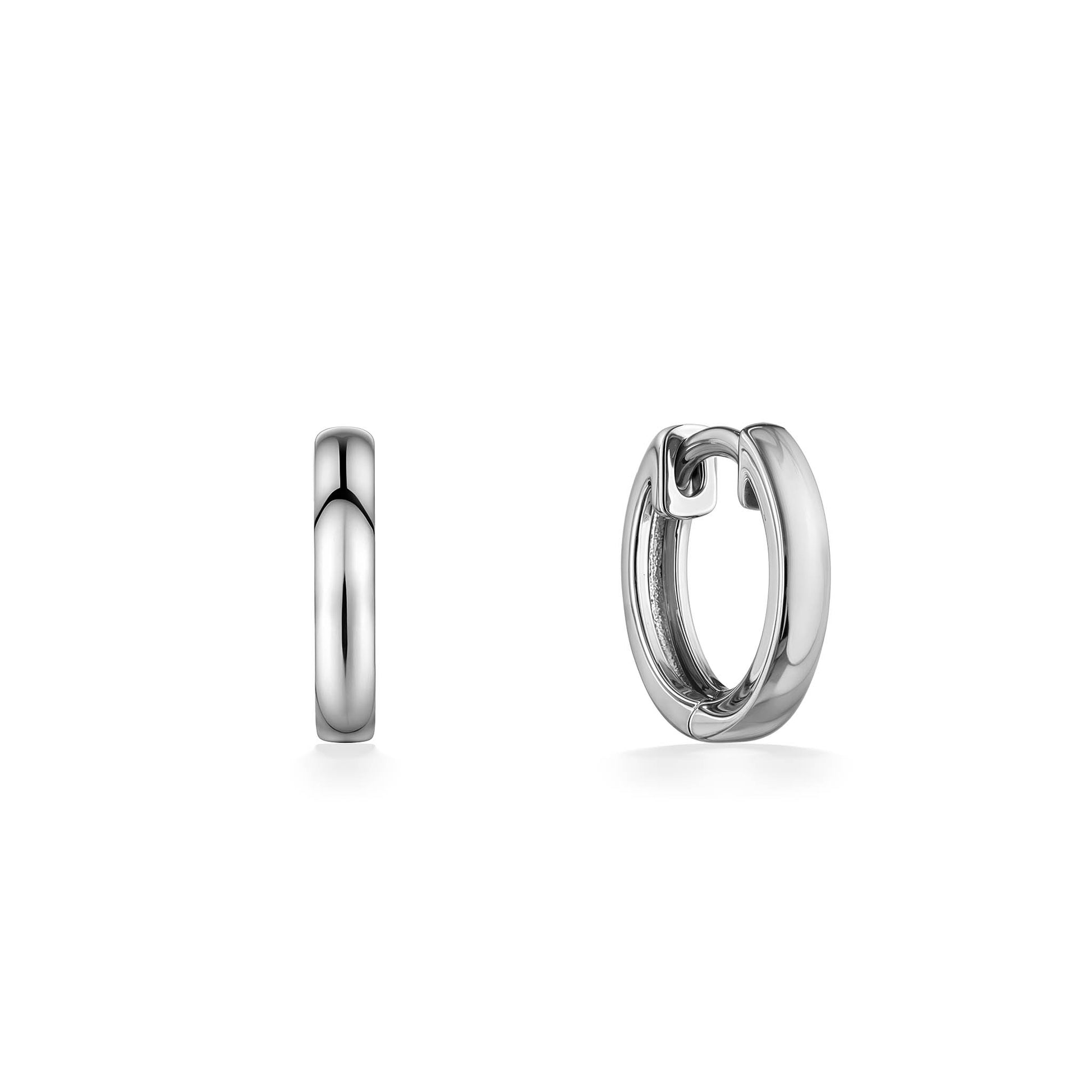Pair of polished 14k white gold huggie hoops shown from side & angled view, highlighting hinge closure. Item No. 774009