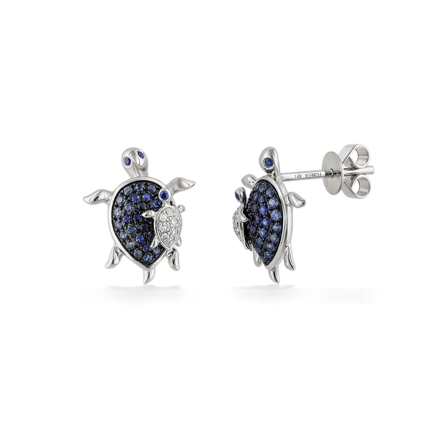 Sea turtle studs with blue sapphire shells & diamond-accented baby turtles, crafted in polished white gold. Item No. 774013