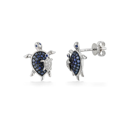 Sea turtle studs with blue sapphire shells & diamond-accented baby turtles, crafted in polished white gold. Item No. 774013