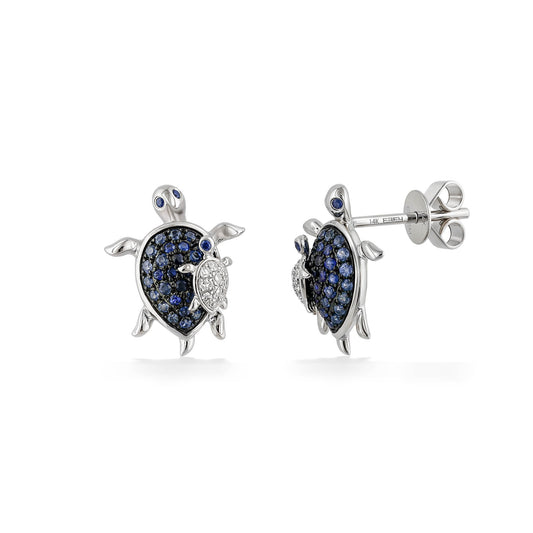 Sea turtle studs with blue sapphire shells & diamond-accented baby turtles, crafted in polished white gold. Item No. 774013