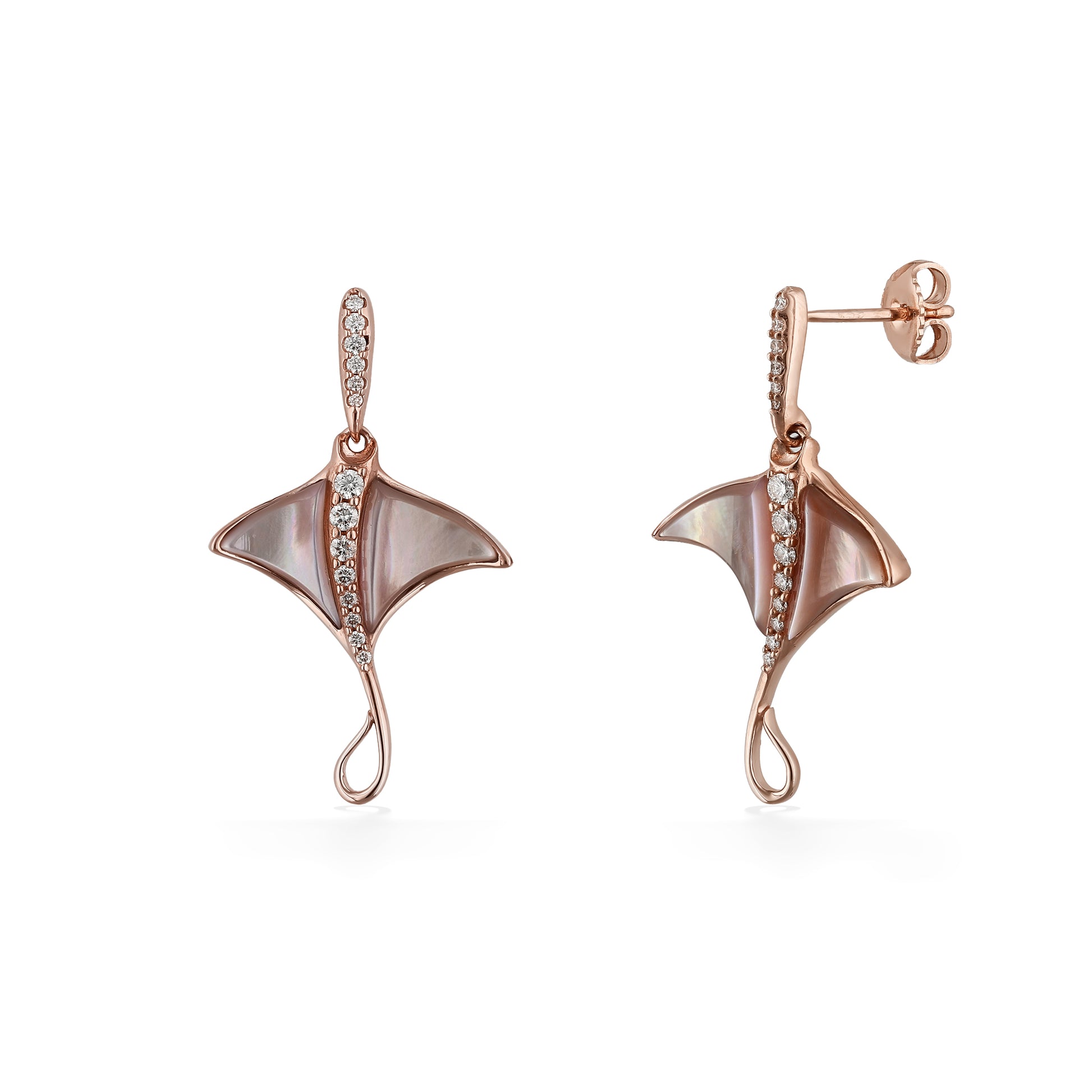 Dangle stud manta ray earrings featuring pink mother-of-pearl inlay & diamond accents set in rose gold. Item No. 774020