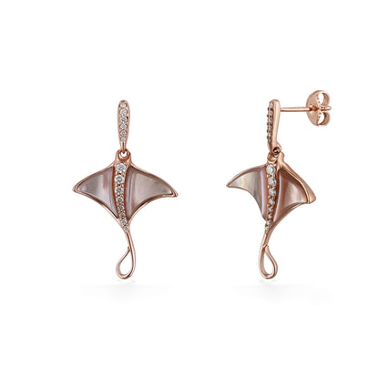 Dangle stud manta ray earrings featuring pink mother-of-pearl inlay & diamond accents set in rose gold. Item No. 774020