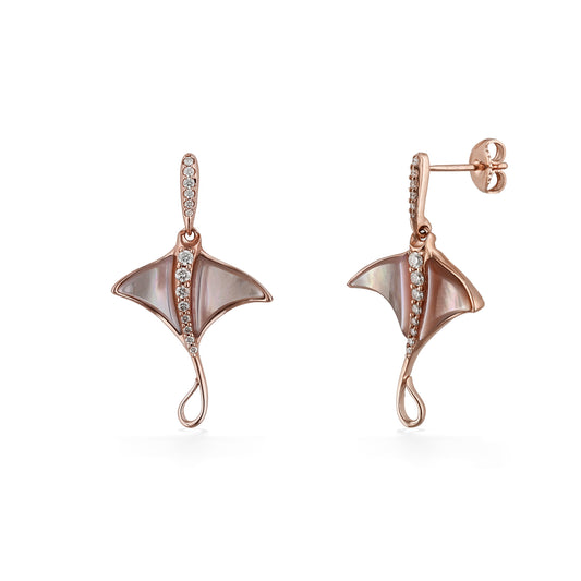 Dangle stud manta ray earrings featuring pink mother-of-pearl inlay & diamond accents set in rose gold. Item No. 774020
