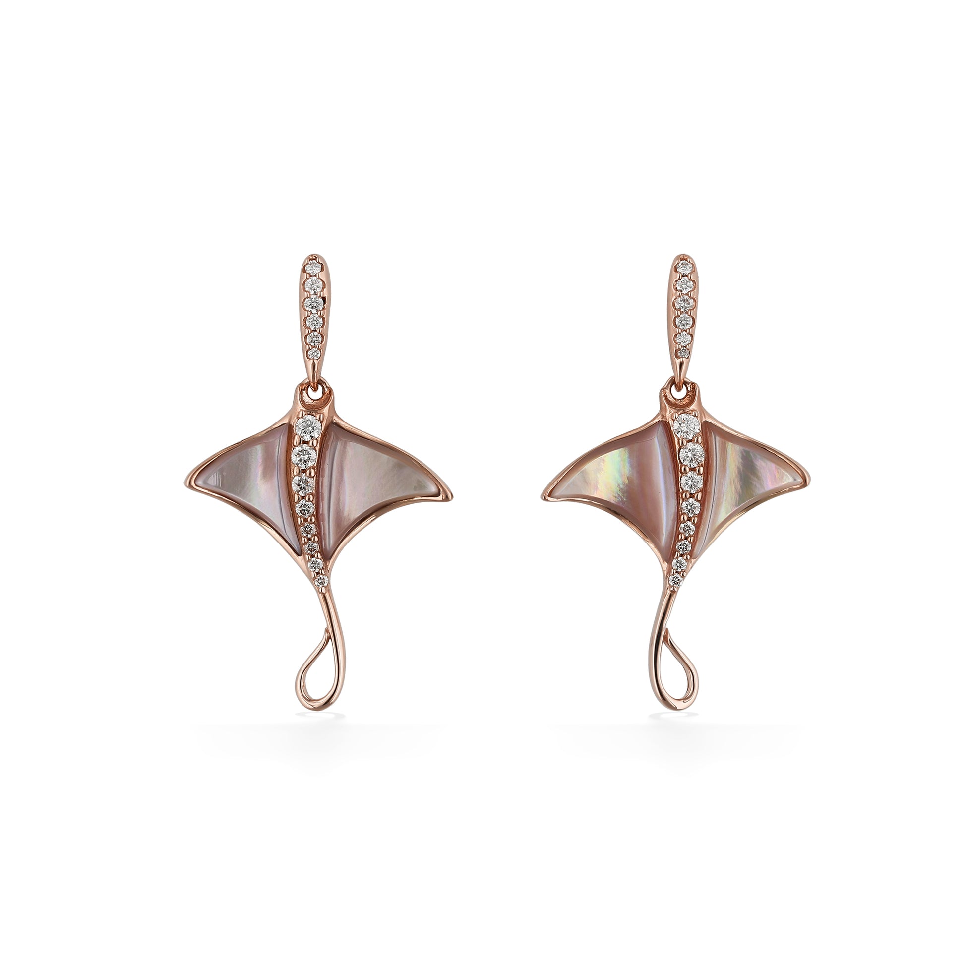Front view of rose gold manta ray earrings with iridescent pink mother-of-pearl wings & curved diamond line. Item No. 774020