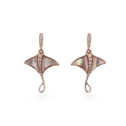 Front view of rose gold manta ray earrings with iridescent pink mother-of-pearl wings & curved diamond line. Item No. 774020