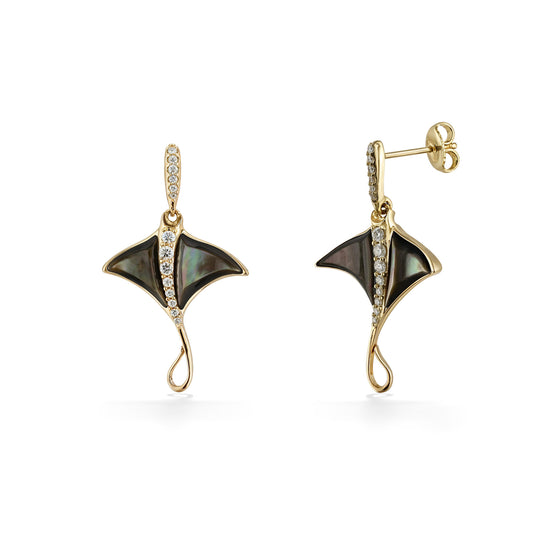 Manta ray earrings with 14k yellow gold post & earnuts, showcasing Tahitian mother-of-pearl inlay & diamonds. Item No. 774021