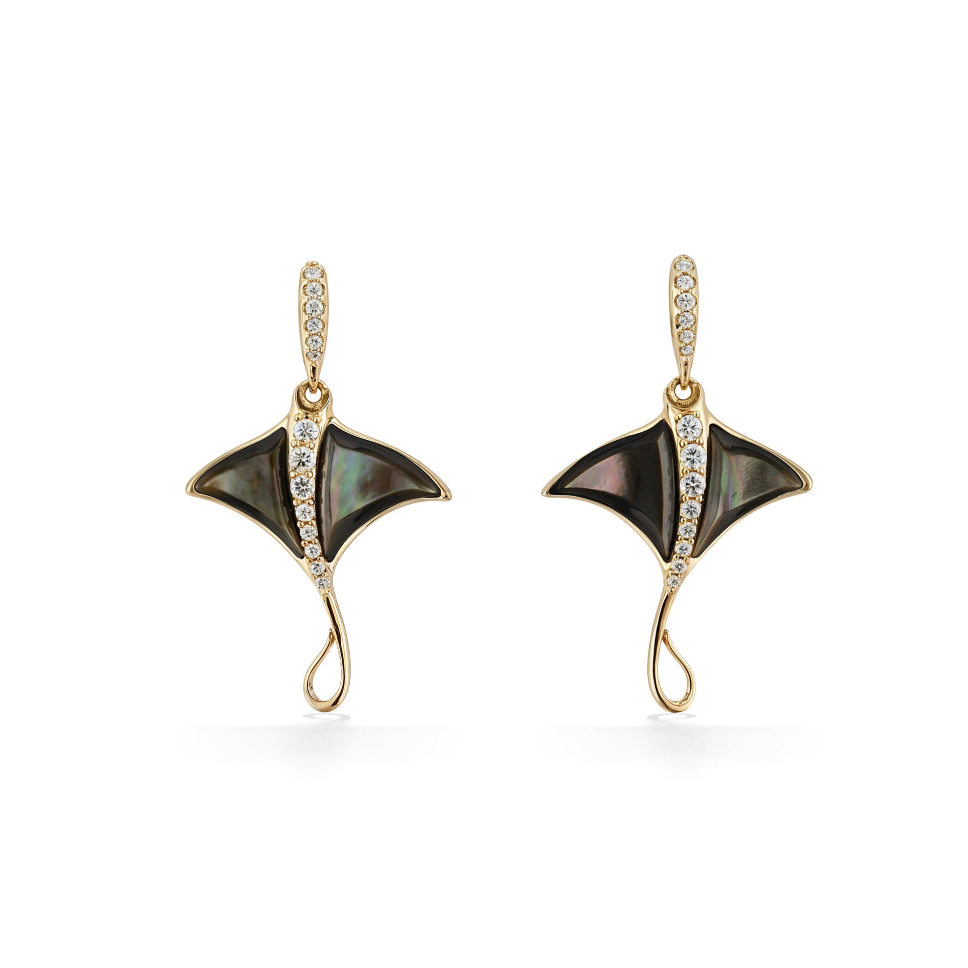 Front view of manta ray earrings with Tahitian mother-of-pearl wings & a diamond line in 14k yellow gold. Item No. 774021
