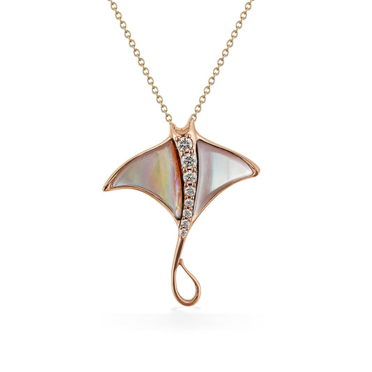 Manta ray pendant crafted in rose gold with pink mother-of-pearl inlay & diamond accents. Item No. 774019