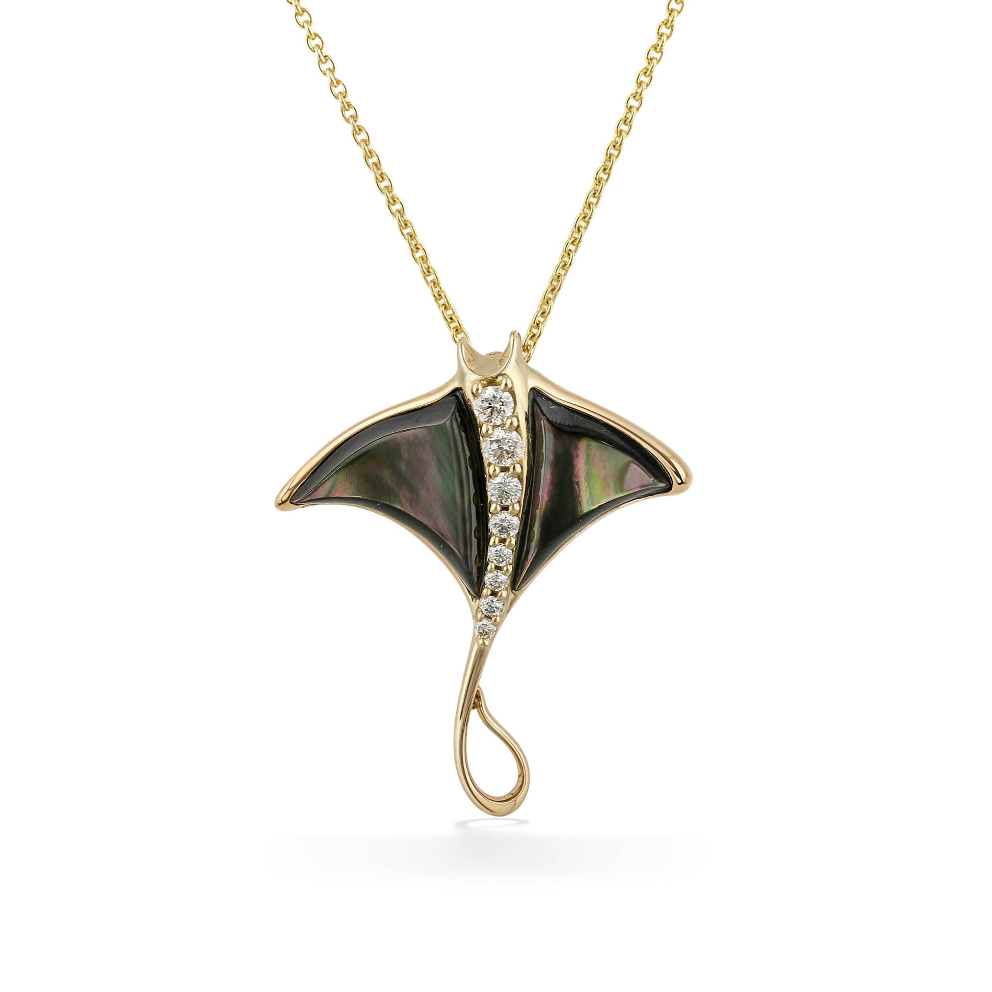 Manta ray pendant featuring tahitian mother-of-pearl inlay & a curved line of sparkling diamonds. Item No. 774018