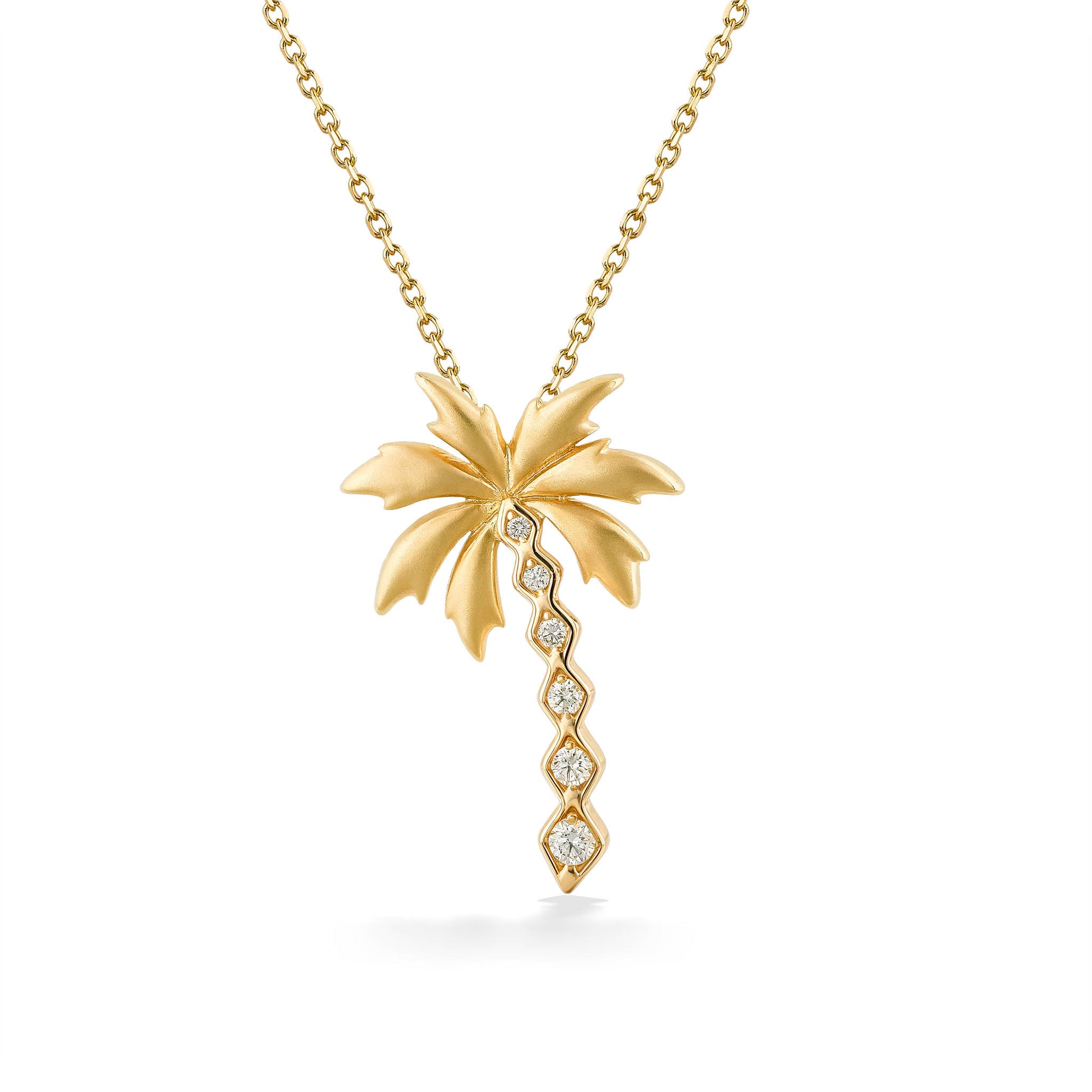 Yellow gold palm tree pendant with matte textured leaves and a trunk with diamond accents. Item No. 45231