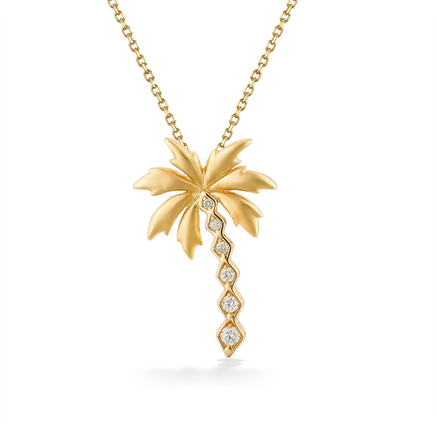 Palm tree pendant with diamond lined tree trunk and matte leaves made in 14k yellow gold. Item No. 45233