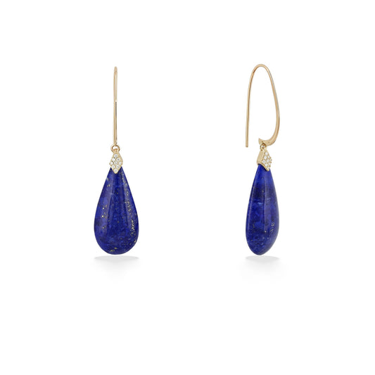 Teardrop-shaped earrings made from rich blue lapis lazuli, accented with delicate diamond details at the top. Item No. 774038
