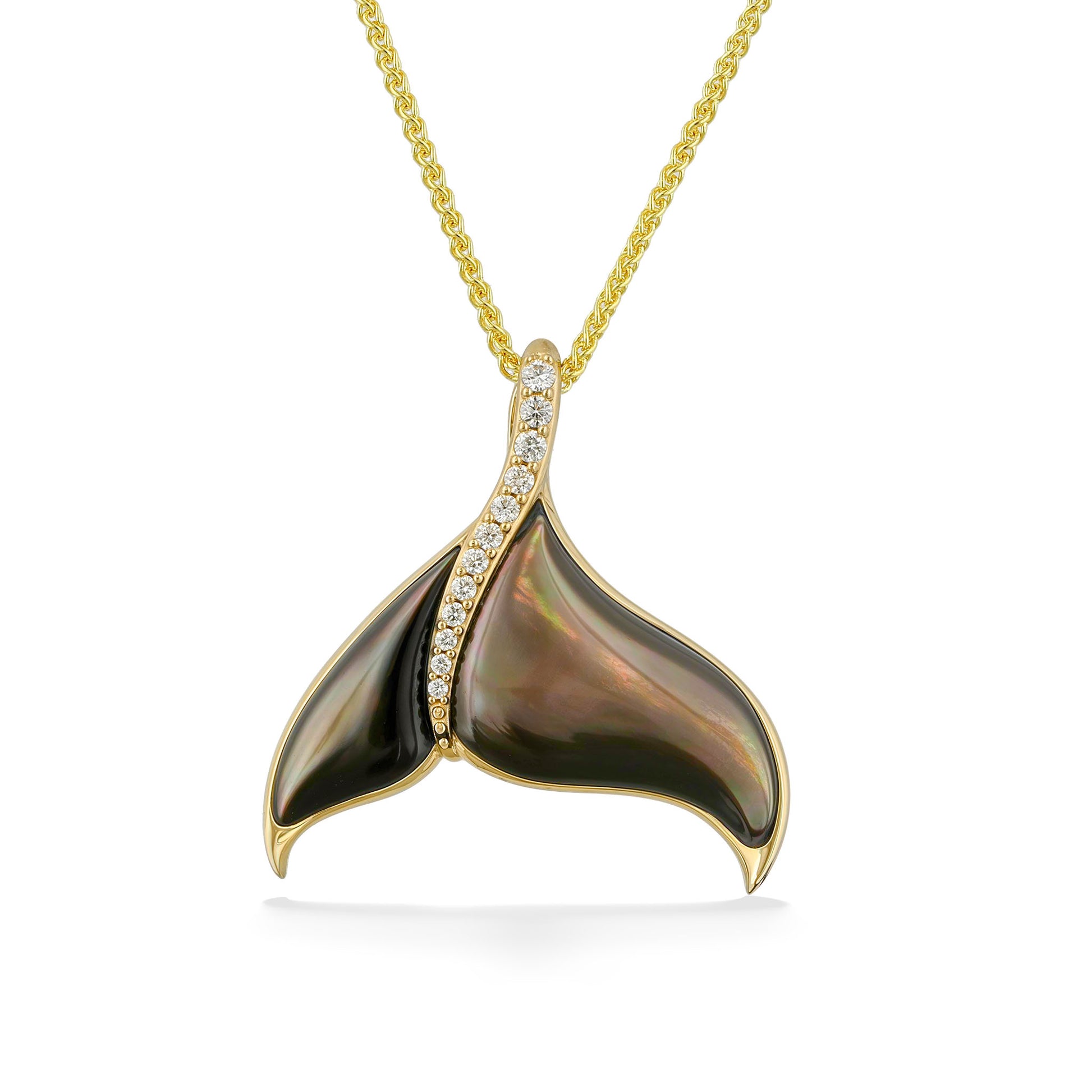 Whale tail pendant with tahitian mother of pearl inlay, accented by a flowing line of sparkling diamonds. Item No. 774049