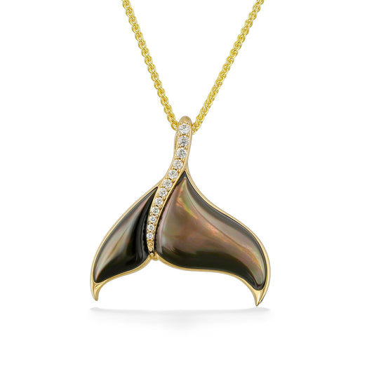 Whale tail pendant with tahitian mother of pearl inlay, accented by a flowing line of sparkling diamonds. Item No. 774049