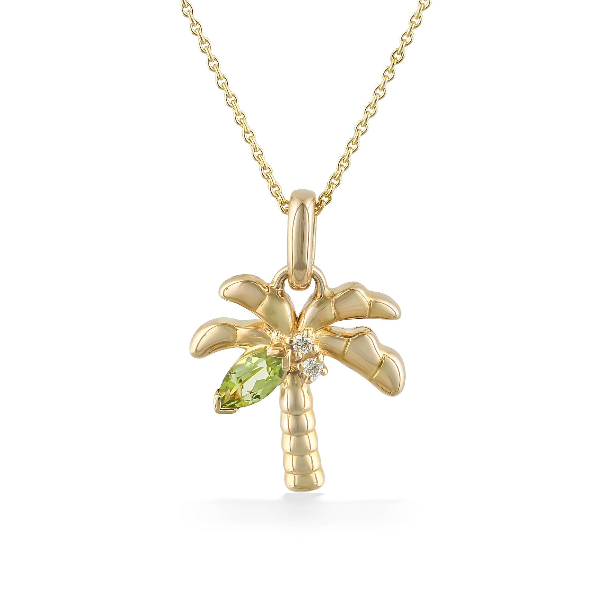14k yellow gold palm tree pendant with inspired marquise-shaped peridot leaf & 2 sparkly coconut diamonds. Item No. 45238