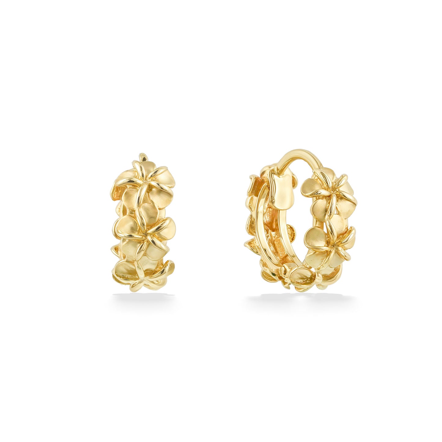 Gold huggie earrings with detailed plumeria flower design, shown from a side & angled view. Item No 45239