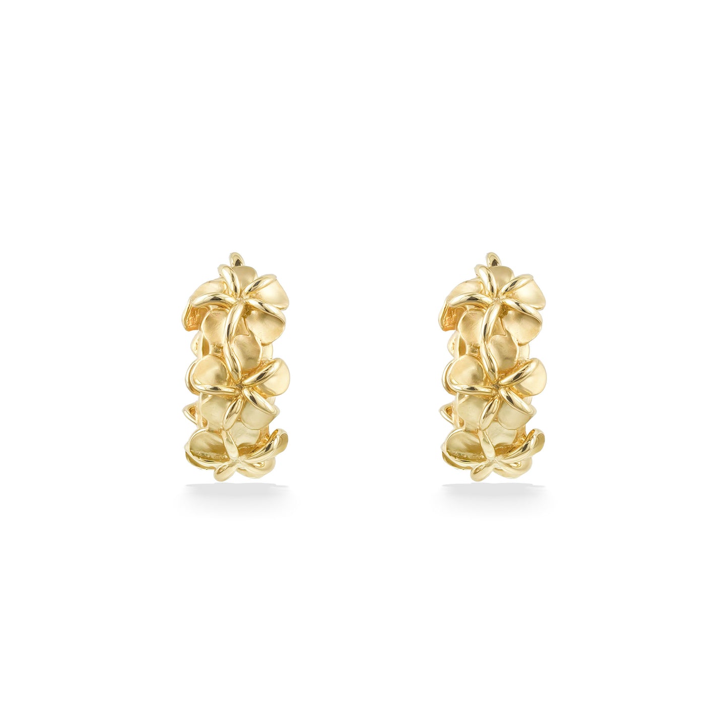 Front view of gold huggie earrings featuring layered matte & polish textured plumeria flowers. Item No. 45239