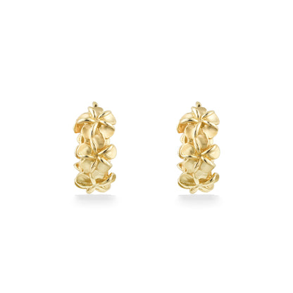 Front view of gold huggie earrings featuring layered matte & polish textured plumeria flowers. Item No. 45239