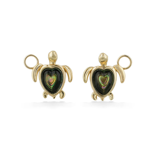 Two gold honu charms display heart-shaped abalone shell centers with iridescent green and purple tones. Item No. 45249