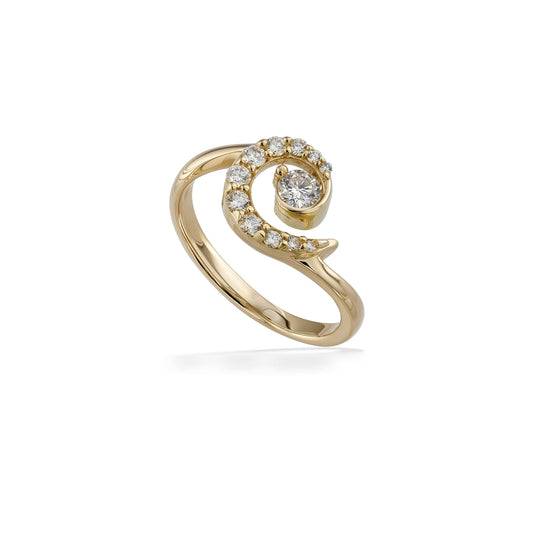 Swirl design yellow gold ring with a row of round diamonds & a brilliant center stone at the curve’s heart. Item No. 45242