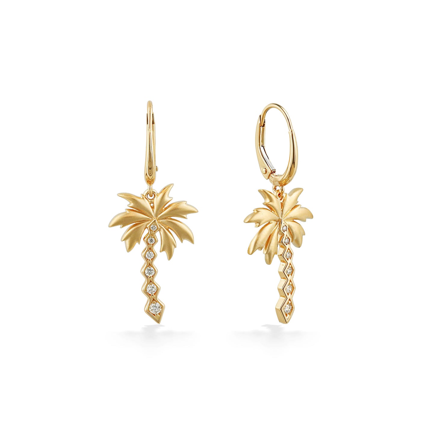 Yellow gold palm tree leverback earrings with diamond trunk. Right side slightly turned to show leverbacks. Item No. 45245