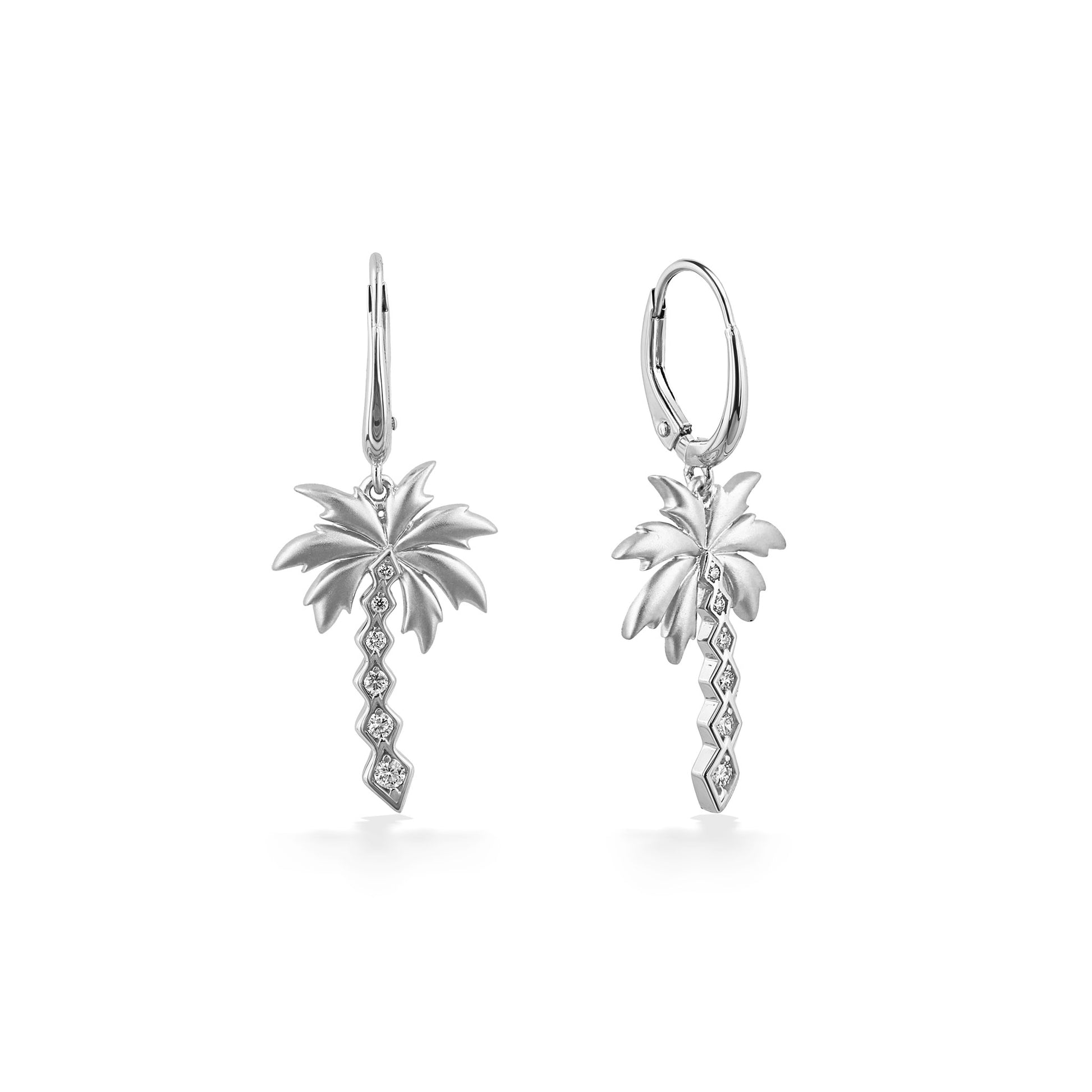 Palm tree leverback earrings set in 14K white gold with diamond-lined trunk. Right side slightly turned. Item No. 45246