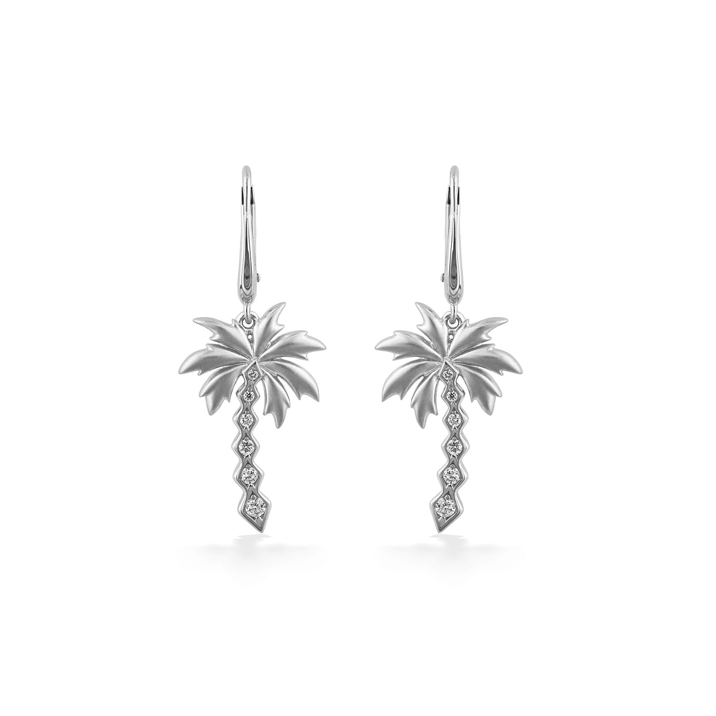 Forward view of 14K white gold palm tree leverback earrings with diamond-lined tree trunk and matte leaves. Item No. 45246