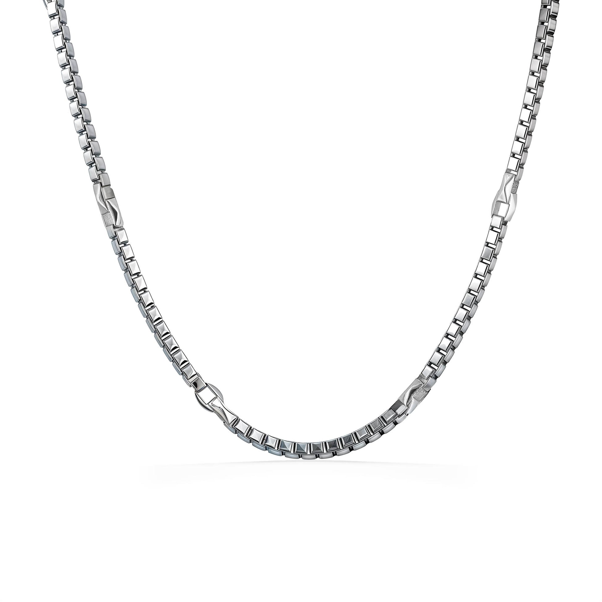 Box link necklace with a sleek geometric pattern, highlighting its polished finish in sterling silver. Item No. 774106