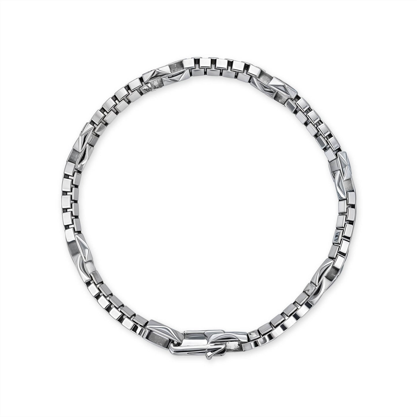 Sterlin silver men’s bracelet with a polished & brushed geometric link design, secured by a sleek clasp. Item No. 774107