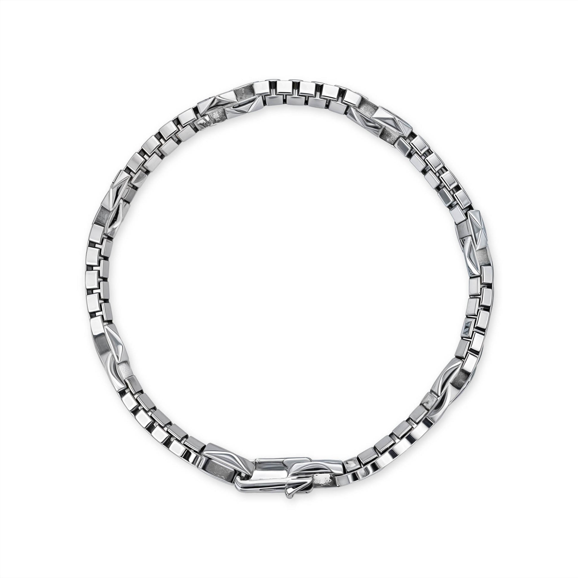 Sterlin silver men’s bracelet with a polished & brushed geometric link design, secured by a sleek clasp. Item No. 774107