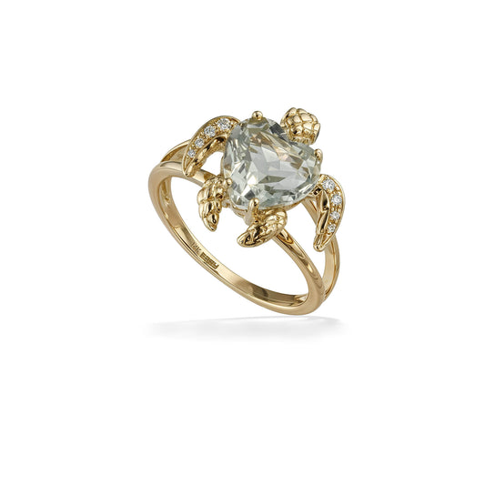 Gold sea turtle ring with a heart-shaped prasiolite gemstone & diamond-accented flippers. Item No. 774148