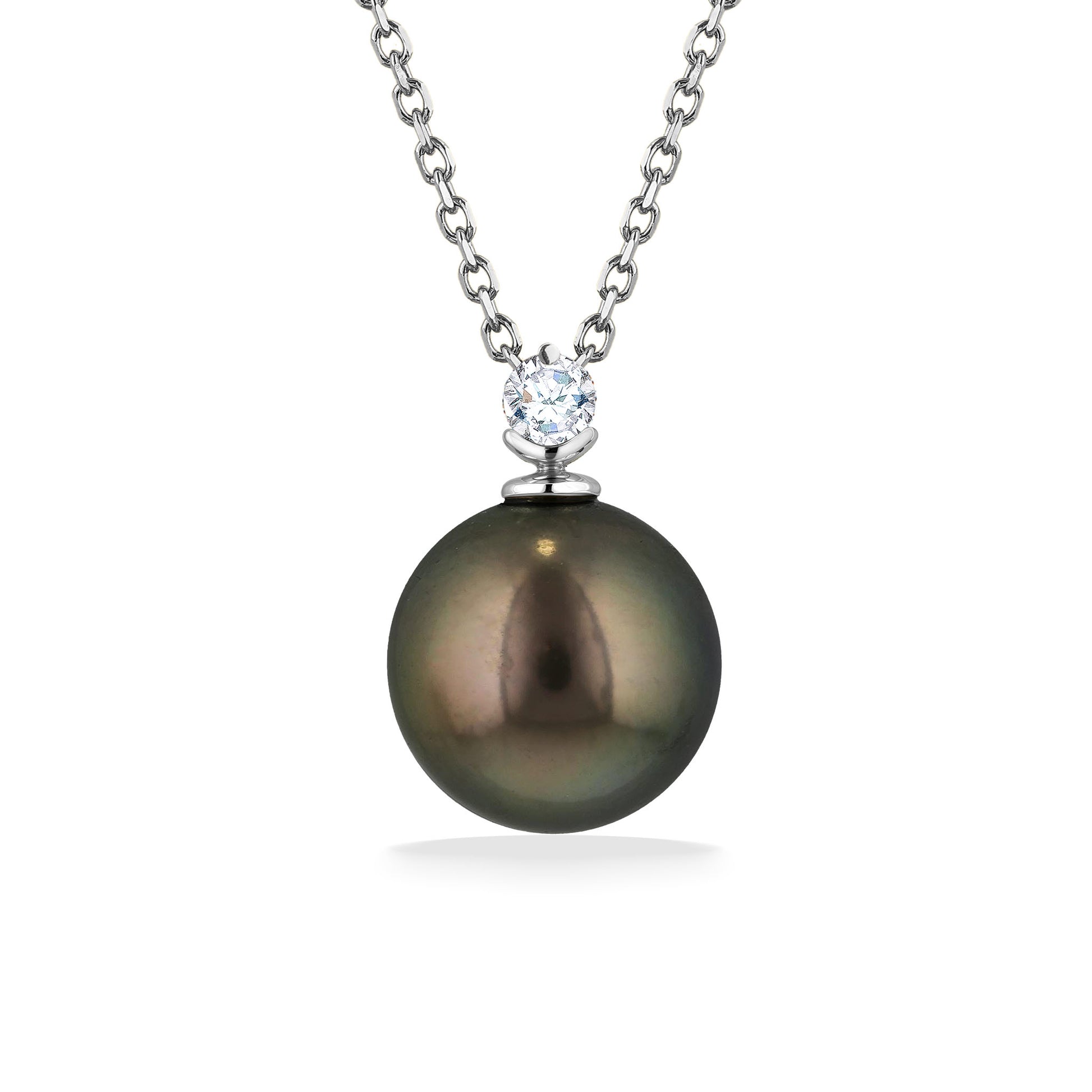 Elegant dark Tahitian 14mm pearl pendant with a brilliant diamond, set on a sleek 18k white gold chain. Item No. 45253