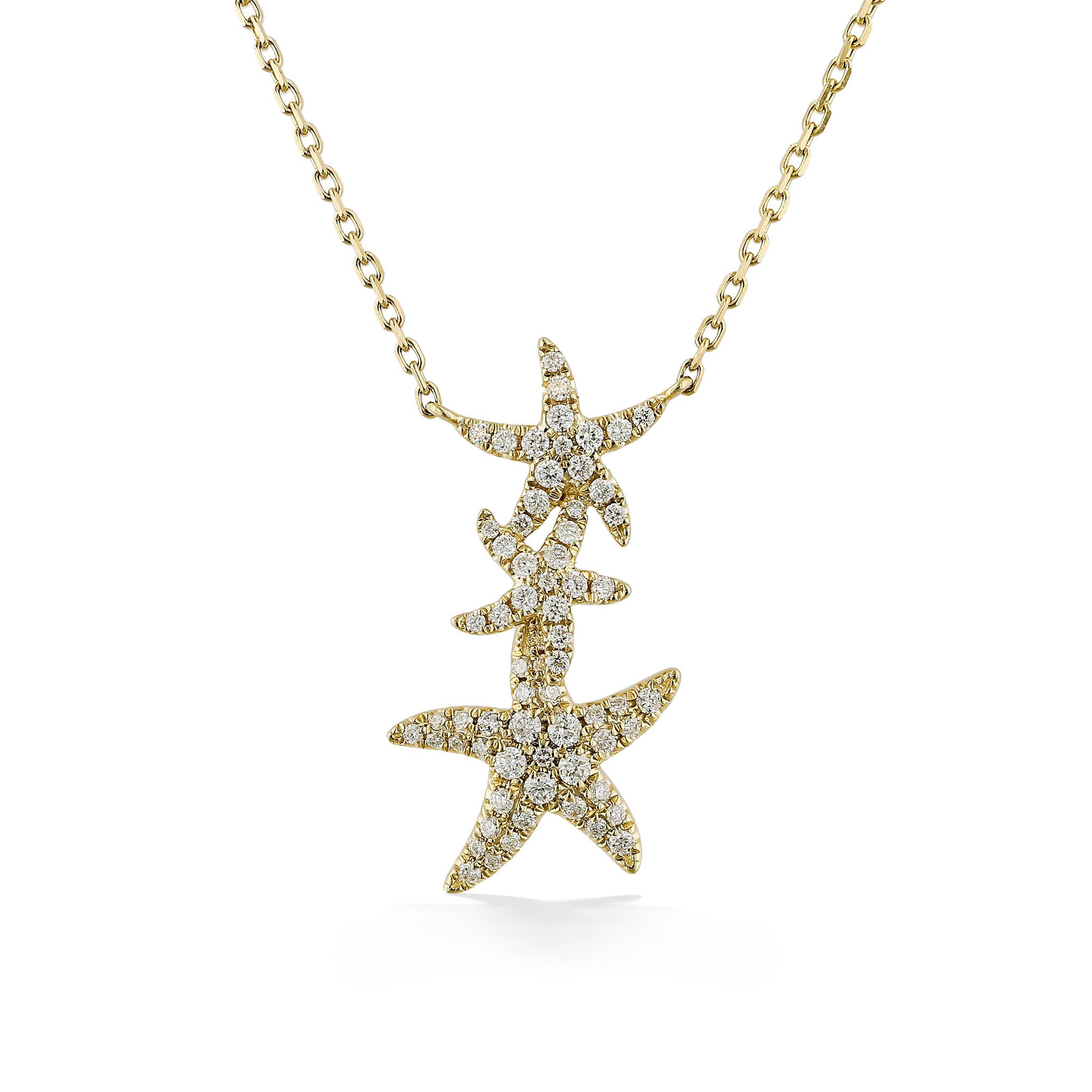 Three cascading pavé-set diamond-encrusted starfish pendant on a 14k yellow gold chain. Item No. 774137