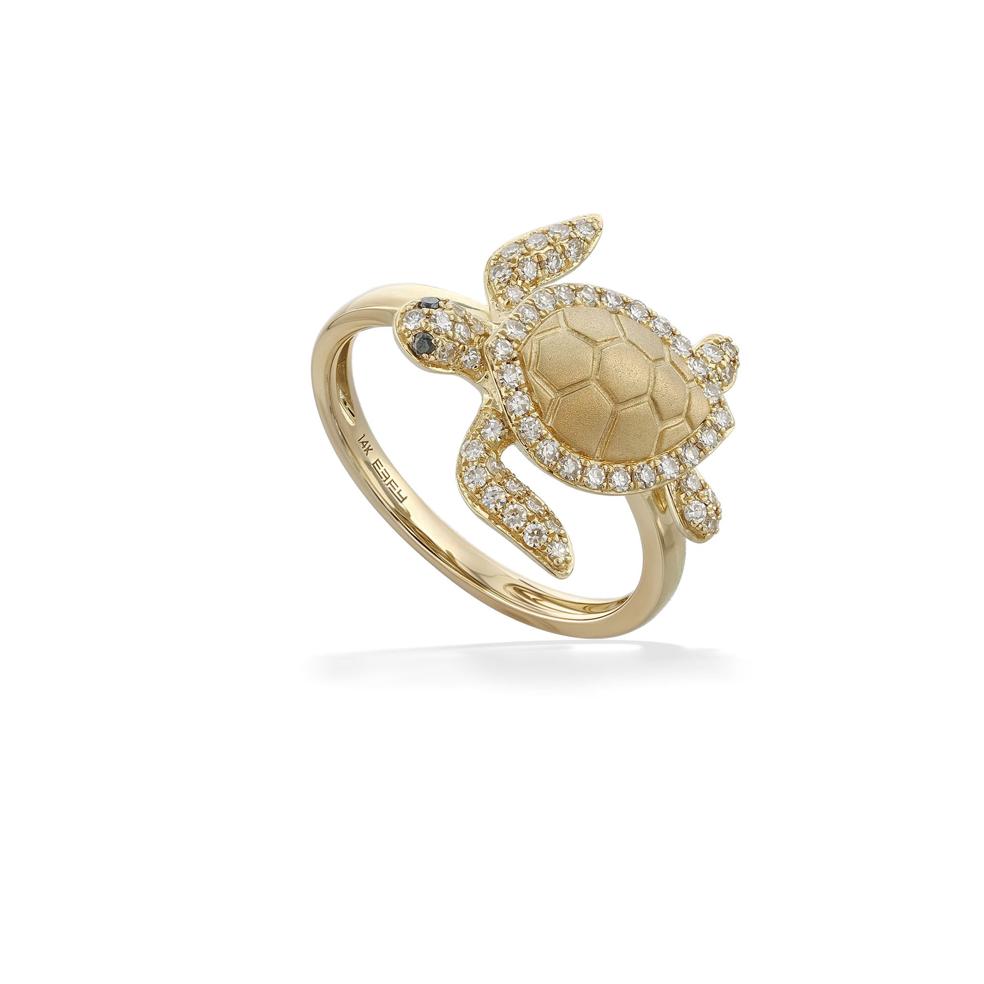 Yellow gold sea turtle ring with a matte-finish shell and diamond-encrusted flippers and edges. Item No. 774141