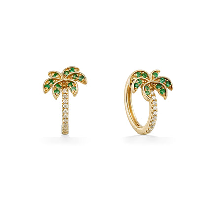 Palm tree huggie hoop earrings accented with green emeralds and white diamonds in 14k yellow gold. Item No. 774144