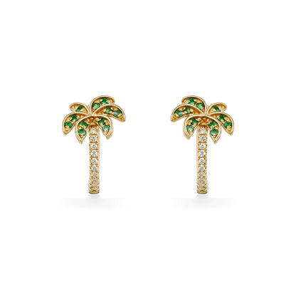 Front view of palm tree huggie hoop earrings featuring green emerald leaves and a diamond-accented trunk. Item No. 774144