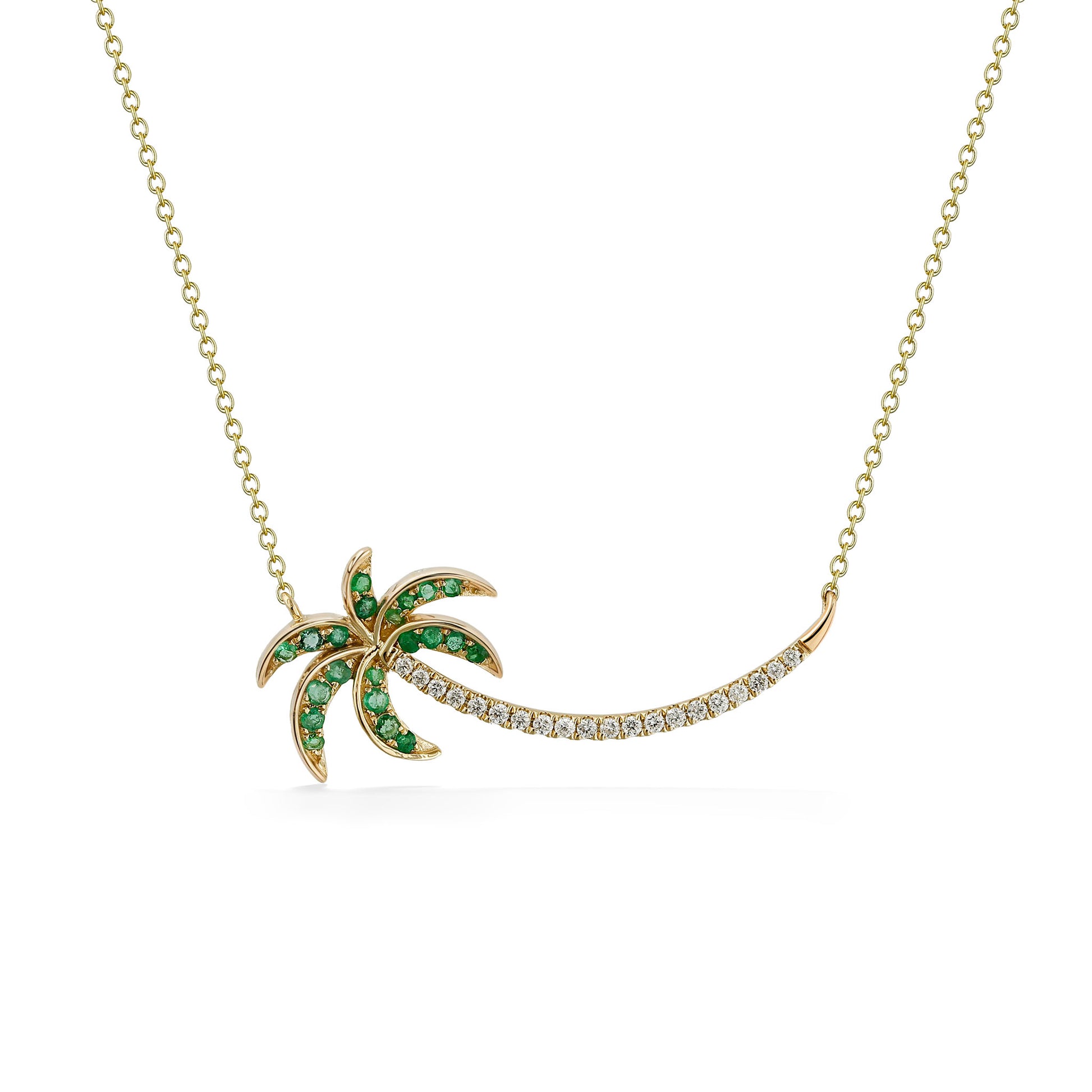 Horizontal palm tree necklace featuring emerald-set fronds & diamond-lined trunk, crafted in 14k yellow gold. Item No. 774146