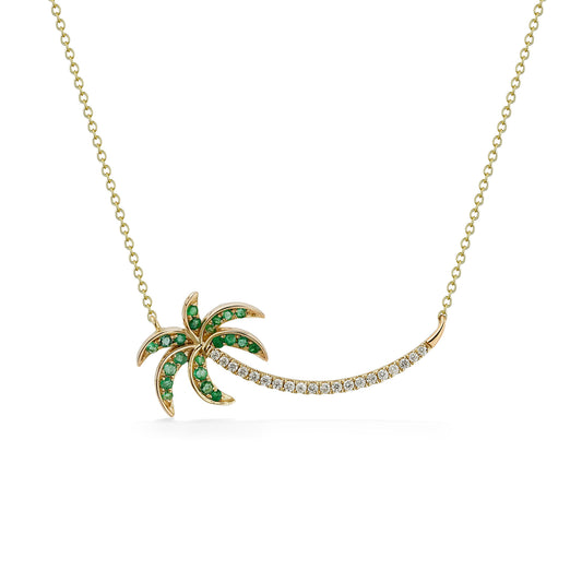 Horizontal palm tree necklace featuring emerald-set fronds & diamond-lined trunk, crafted in 14k yellow gold. Item No. 774146