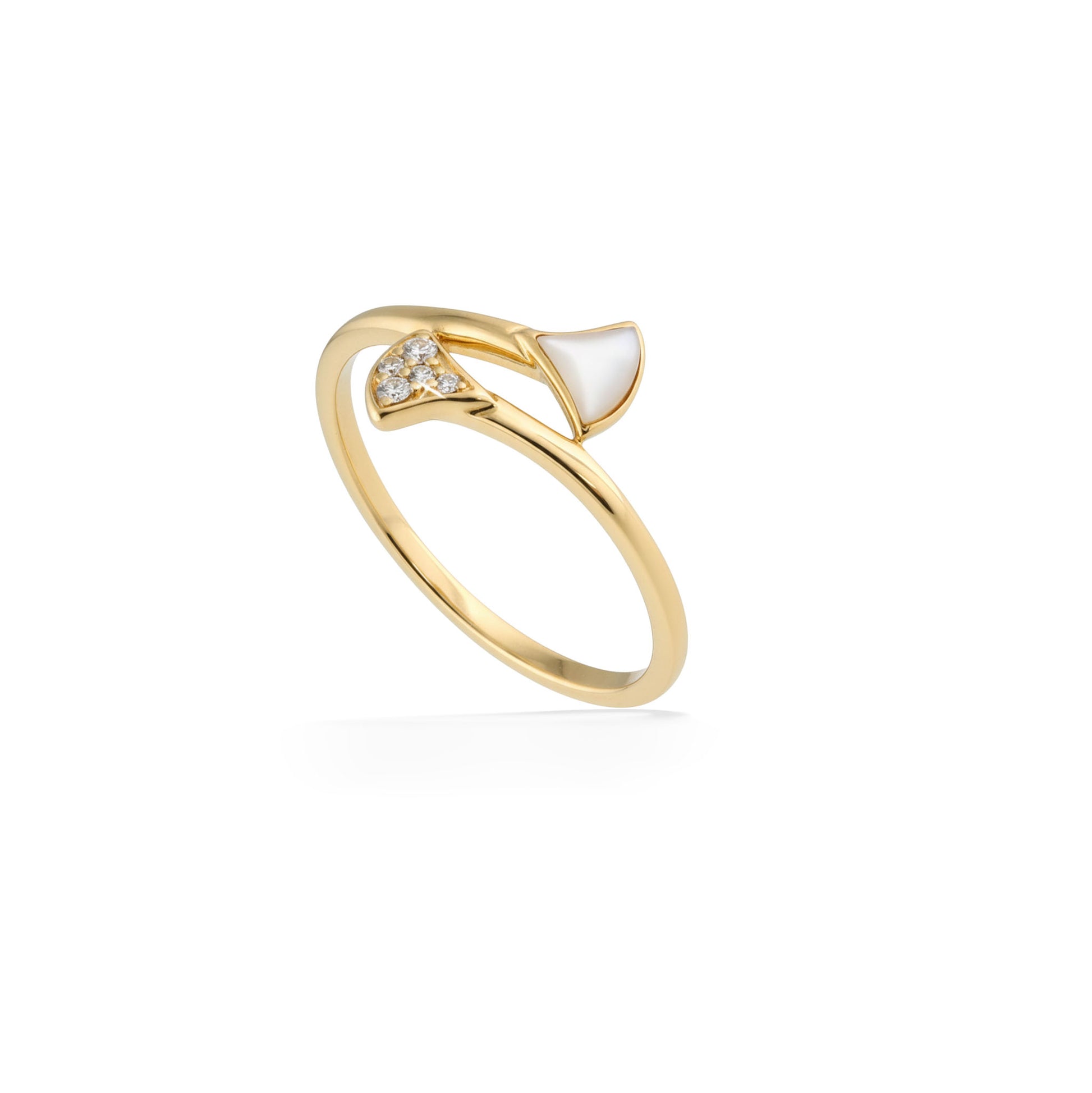 Yellow gold Kabana ring with white mother of pearl inlay & small diamond accents set in a bypass design. Item No. 774169