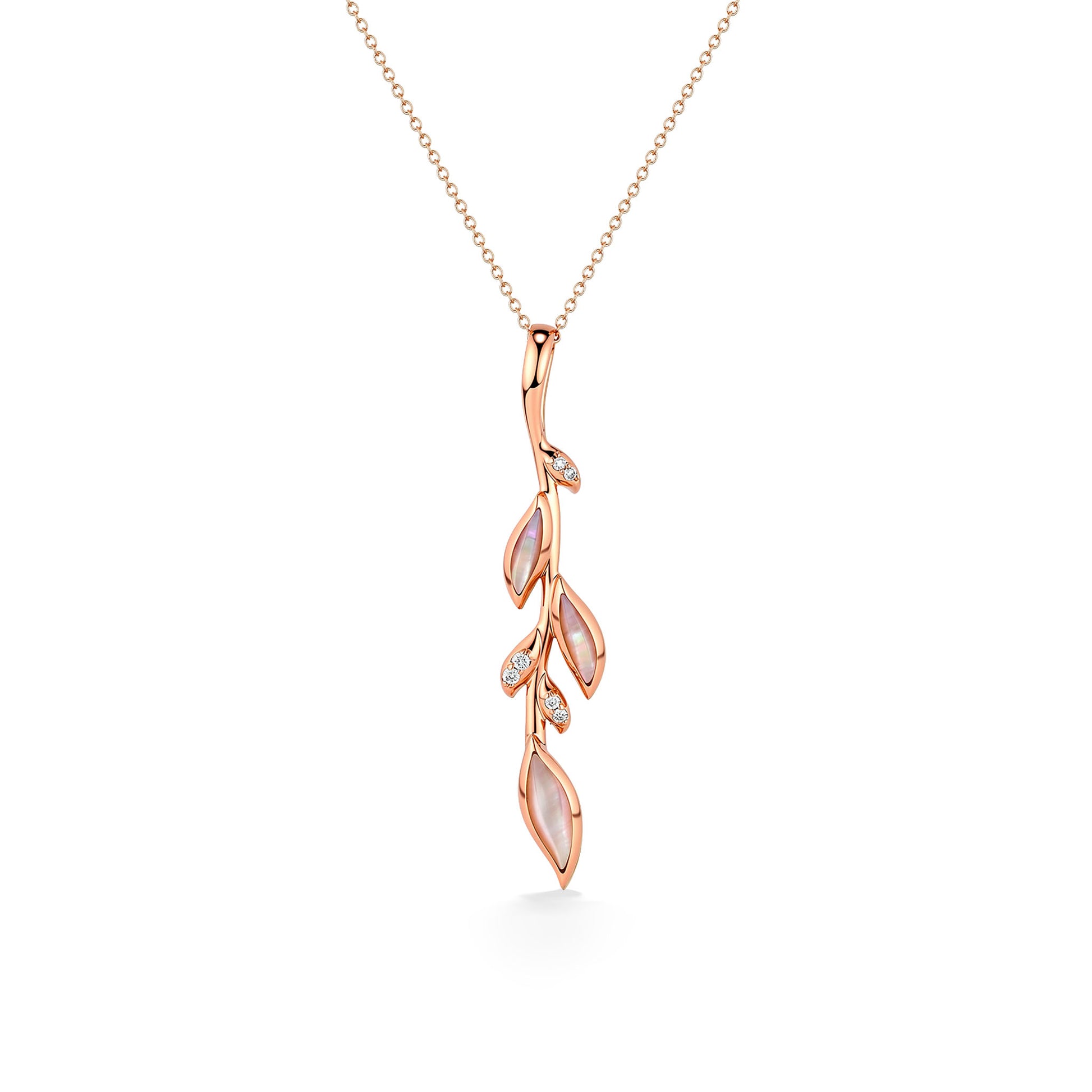 Rose gold Kabana vine pendant necklace with pink mother of pearl inlay leaves and small diamond accents. Item No. 774176