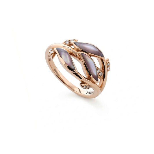 Angled view of 14k rose gold vine leaf-inspired ring with pink mother of pearl and diamonds. Item No. 774186