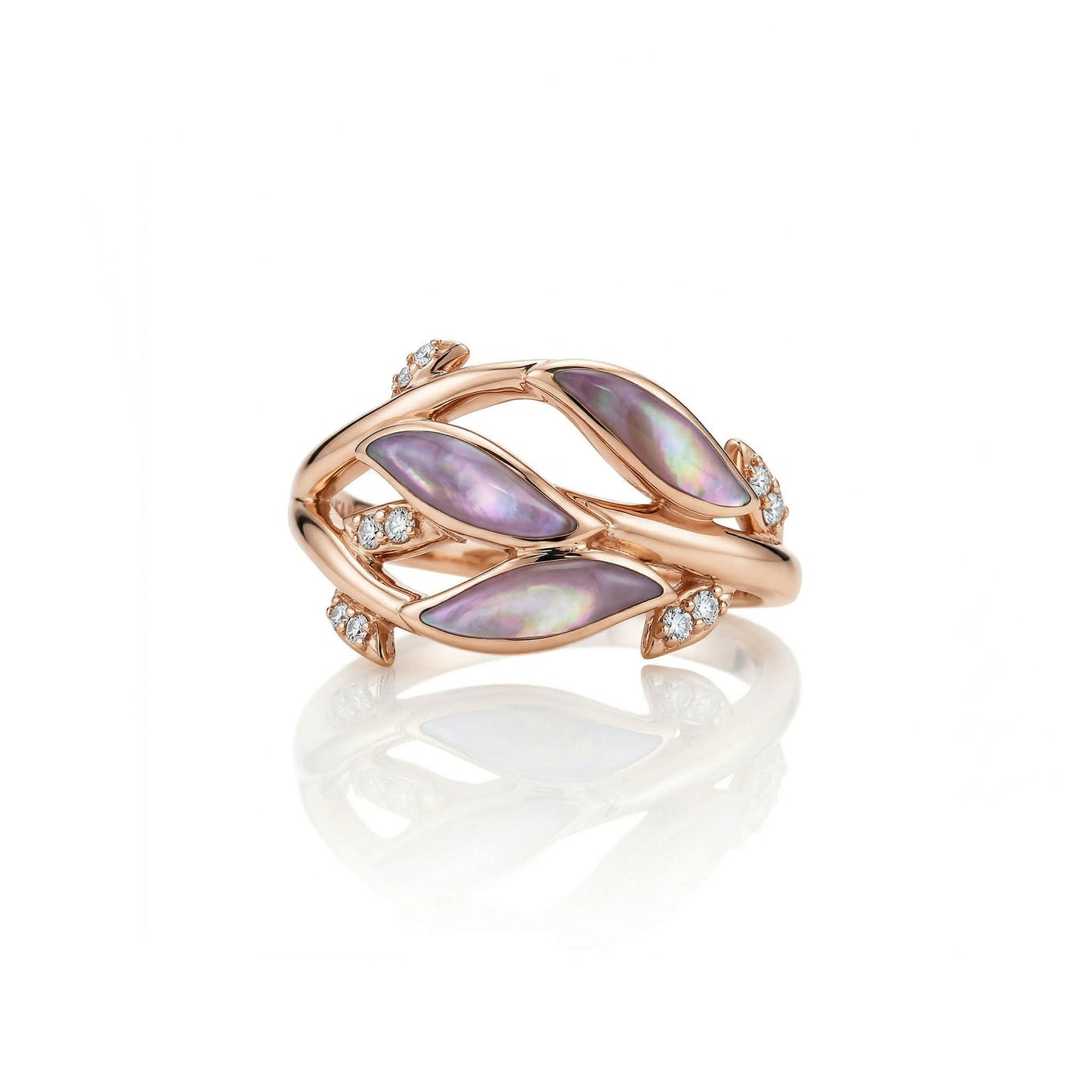 Top view of rose gold vine-leaf inspired ring, showcasing the mother of pearl inlay and diamond accents. Item No. 774186
